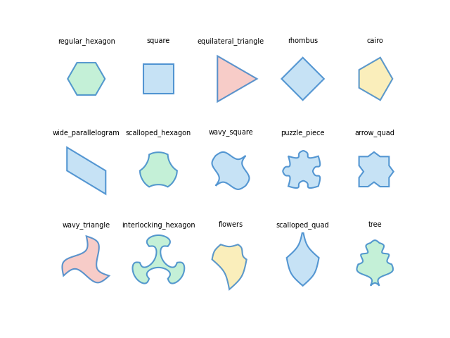 regular_hexagon, square, equilateral_triangle, rhombus, cairo, wide_parallelogram, scalloped_hexagon, wavy_square, puzzle_piece, arrow_quad, wavy_triangle, interlocking_hexagon, flowers, scalloped_quad, tree
